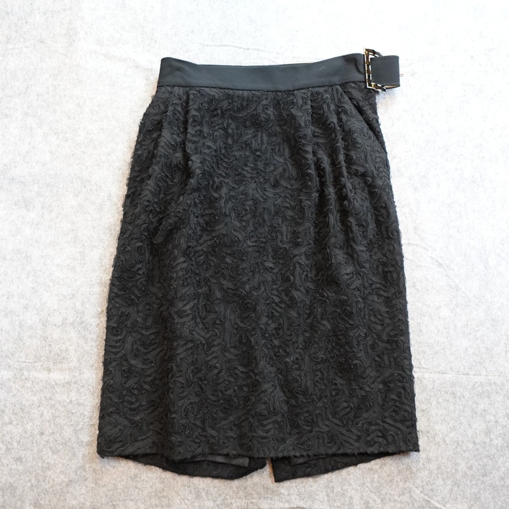 St John Skirt Women 12 Black Textured Ruffle Silk Crystal Buckle Belted Pencil‎